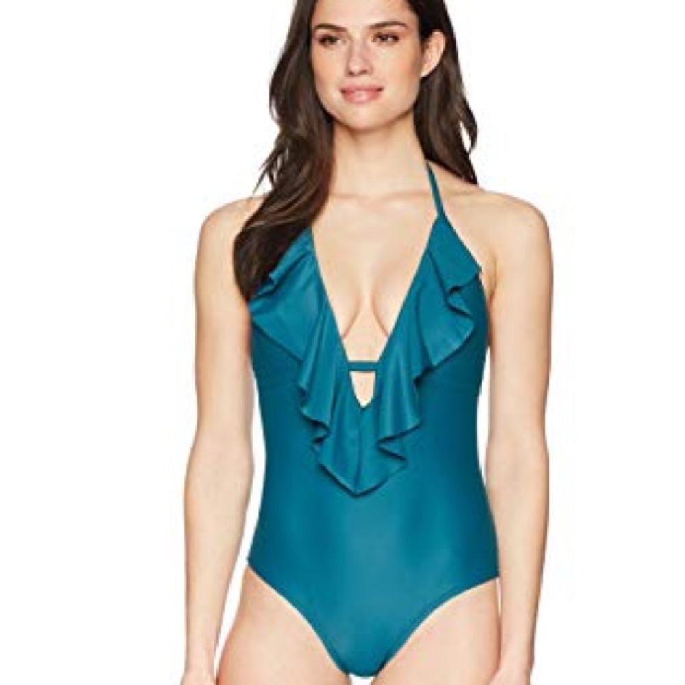 Coastal Blue Turquoise Deep V-Neck Swimsuit Ruffle Front One Piece Size Small